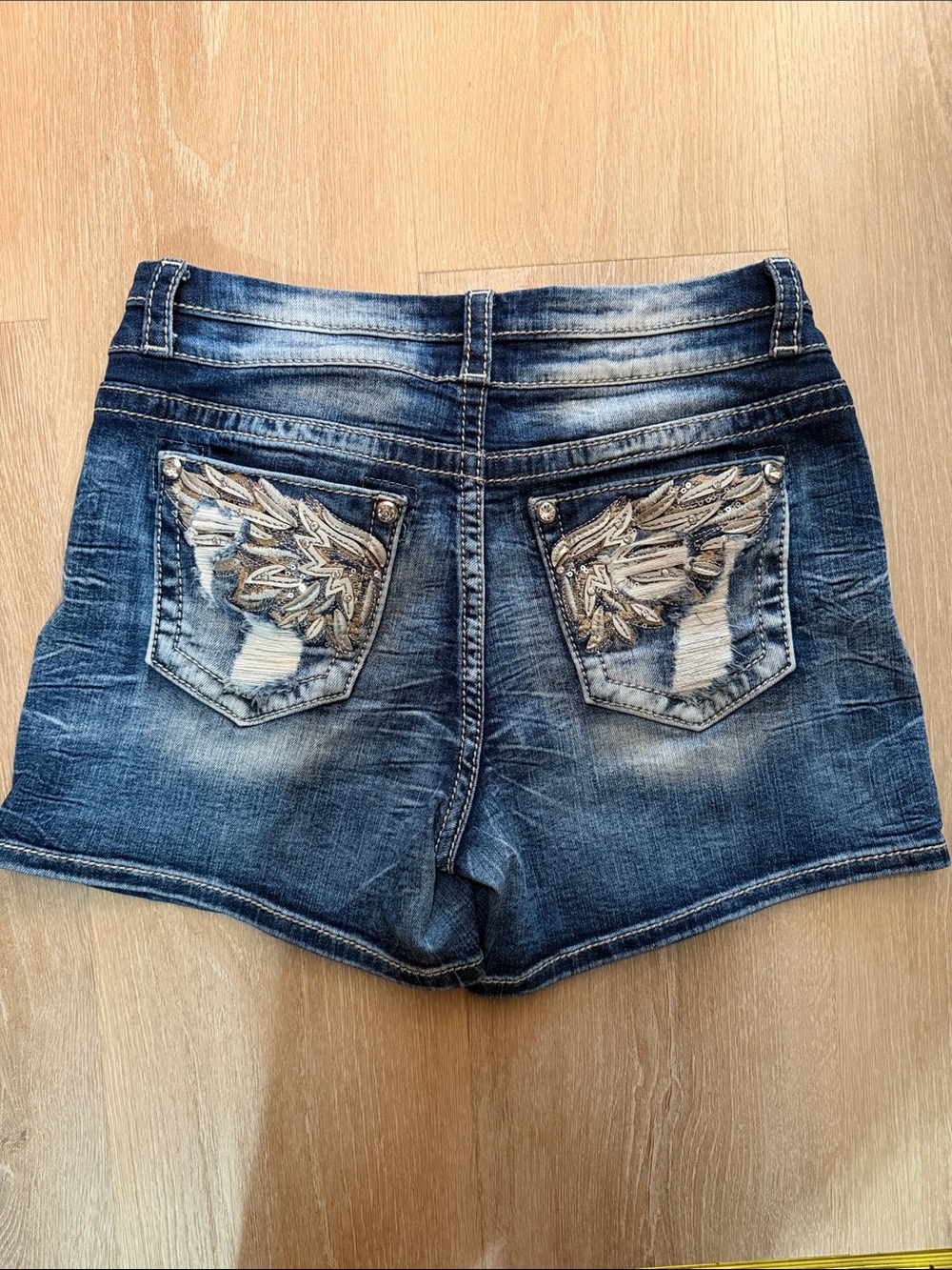 Miss Me Distressed Embroidered Denim Shorts - Blue